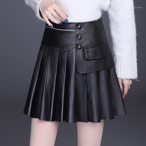 

2020 korean style fall winter fashion womens high waisted pleated pu leather skirt , spring 4xl black skirts for woman1