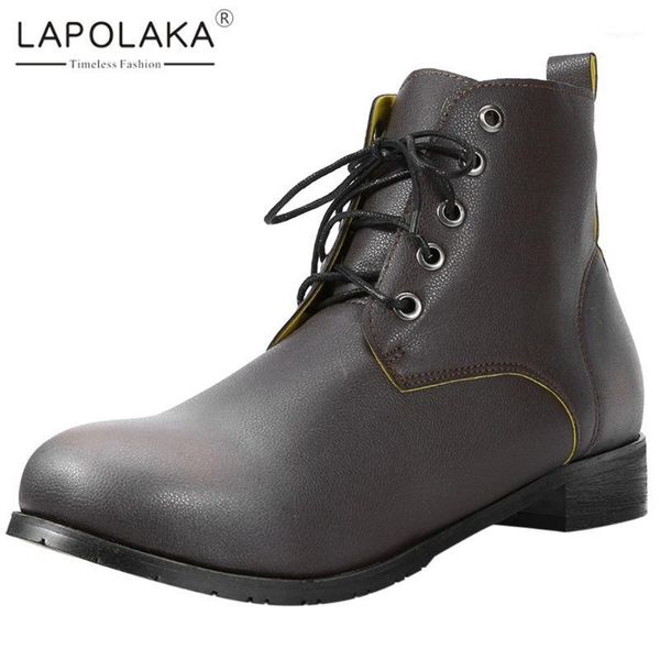 

boots lapolaka 2021 design plus size 48 thick heels ankle woman shoes lace up concise ins fashion female1, Black