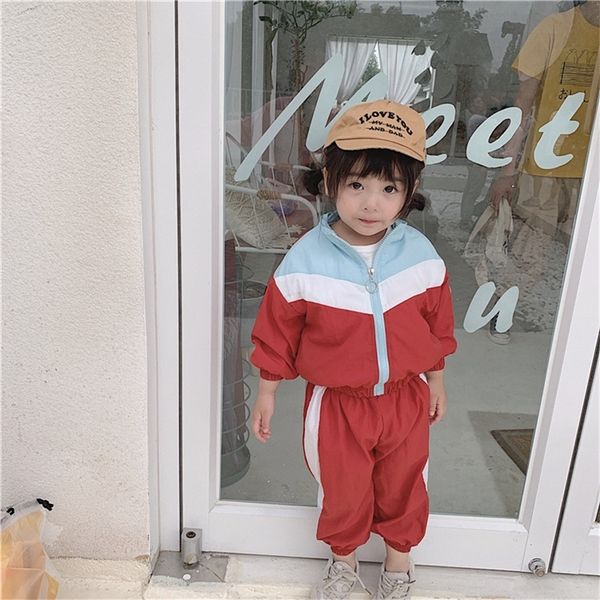 

spring autumn boys girls fashion colour blocking sports clothes sets kids thin zipper coat and pants 2pcs suits y200325, White