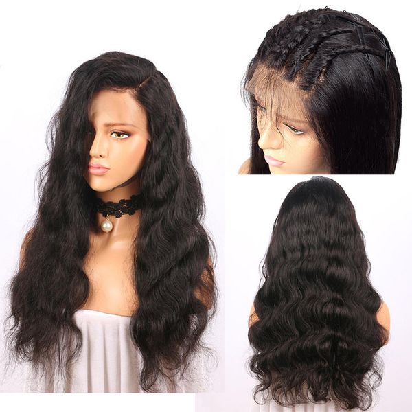 

pre plucked brazilian human hair lace front wigs with baby hair popular body wave medium size swiss lace front wig natural color, Black;brown