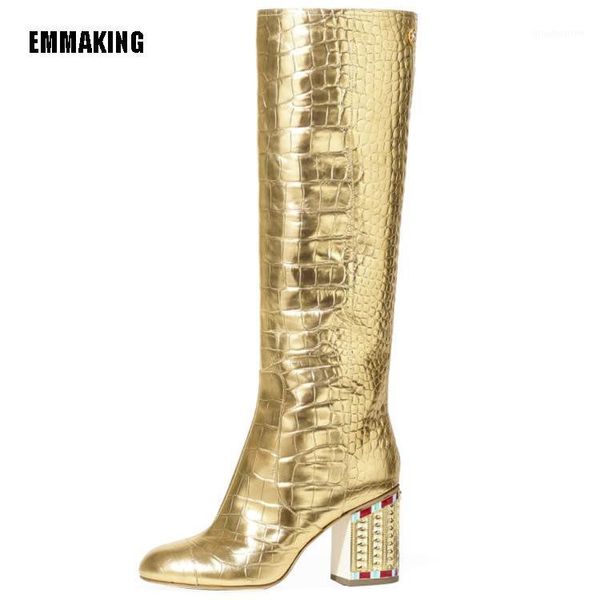 

boots emma king patchwork gold women knee high blingbling square toe heel ladies long winter 20211, Black