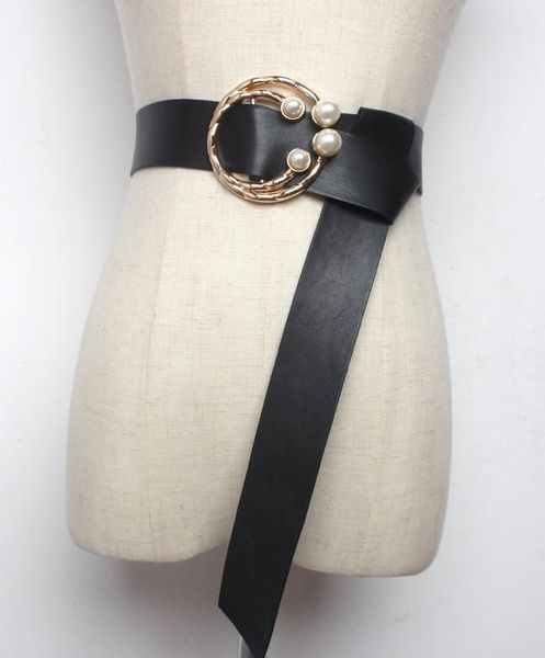 

hot pearl бисероплетение o-кольцо пряжка длинный ремень широкий мягкий pu lesther ремень для женщин платье золотой круг пряжки мода waistban, Black;brown