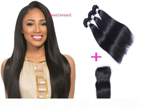 

бразильский straight пучки волос с closure свободный ближний 3 часть double уток человеческих волос dyeable человеческих волос weave fedex д, Black