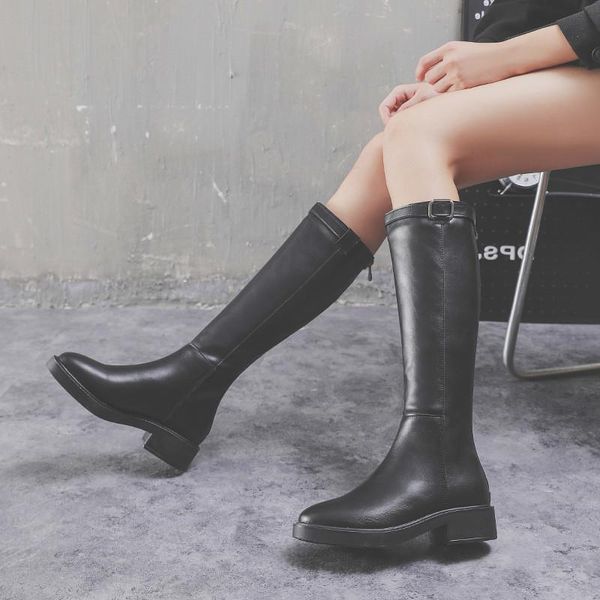 

women knee high boots mid heel shoes woman pu leather winter autumn warm matin shoe chaussures femme zapatos mujer sapato d2292, Black