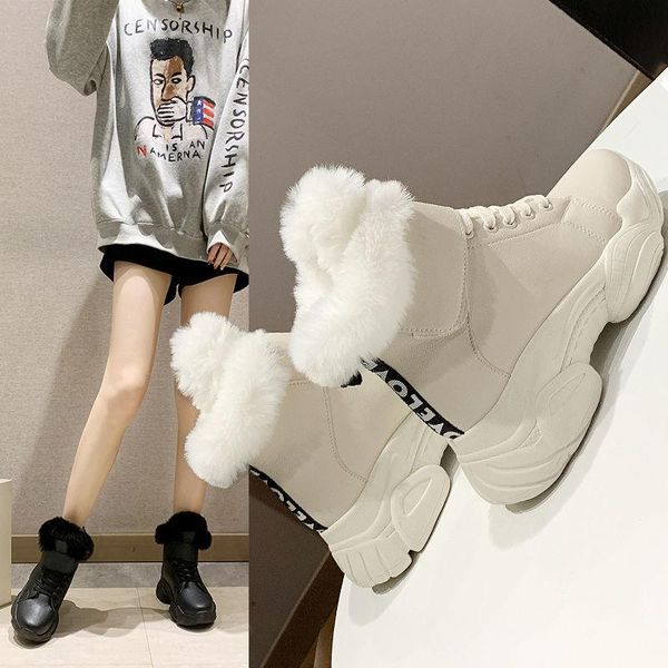 

women's boots plus velvet short boots winter warmth thick cotton shoes women's fashion leather lace-up martin snow, Black