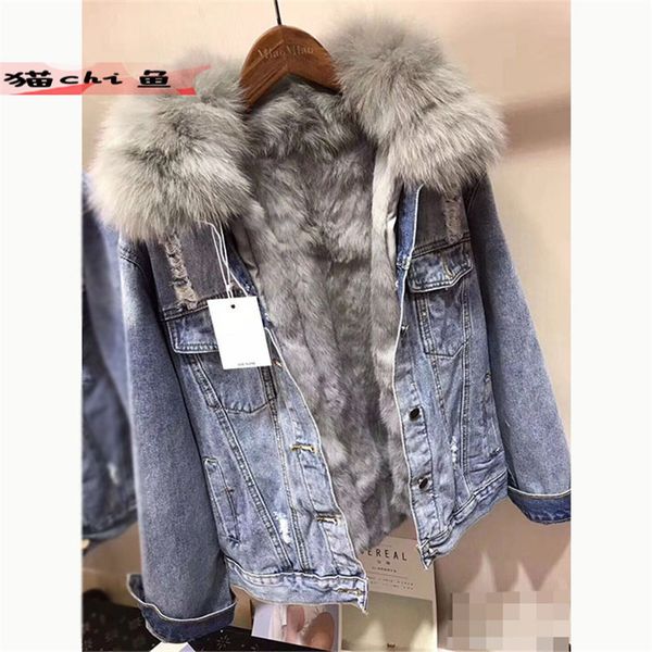 

winter fashion women warm coat natural fox fur collar+real rabbit hair liner denim jacket female thicken loose fur outwear r21 201112, Black;brown