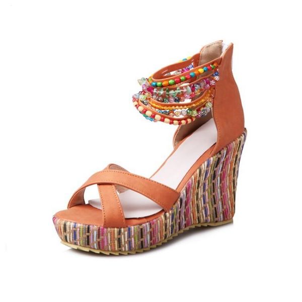 

summer wedge heel bohemian handmade beaded sandals women 40-43, Black