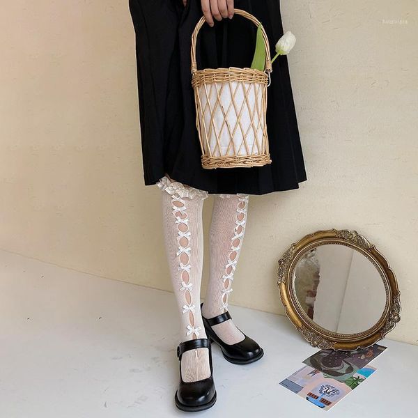 

lolita lace stockings women fishnet bowknot high knee socks girls white long stocking leg dress elsatic streetwear calcetines1, Black;white