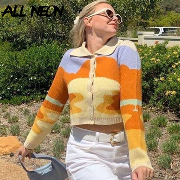 

allneon autumn e-girl vintage 90s turn down collar single-breasted long sleeve candigans y2k sweet printing crop knitwear, White