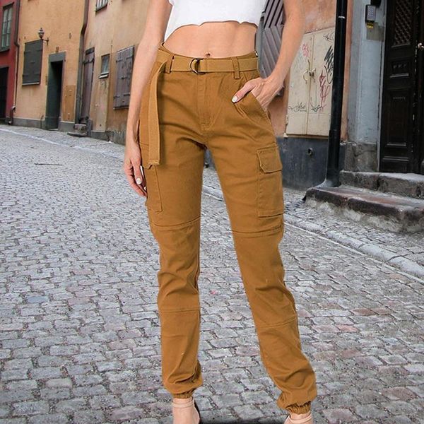 

2021 fashion women's high waist cargo pants khaki solid loose casual black overalls pants 4 colors included belt women trousers, Black;white