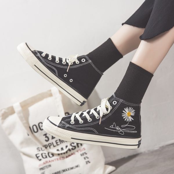 

women vulcanize shoes woman sneakers designer flower high women canvas shoes flats sneakers white black tenis feminino y200801