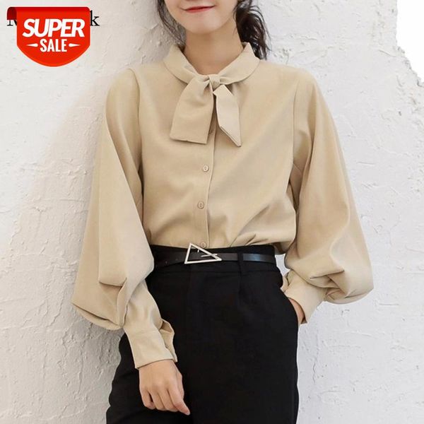 

Autumn New Casual Women Tops And Blouses Lantern Sleeve Solid Womens Blouses Bow O-neck Cardigan Button White Shirt Women 8896 #St7h