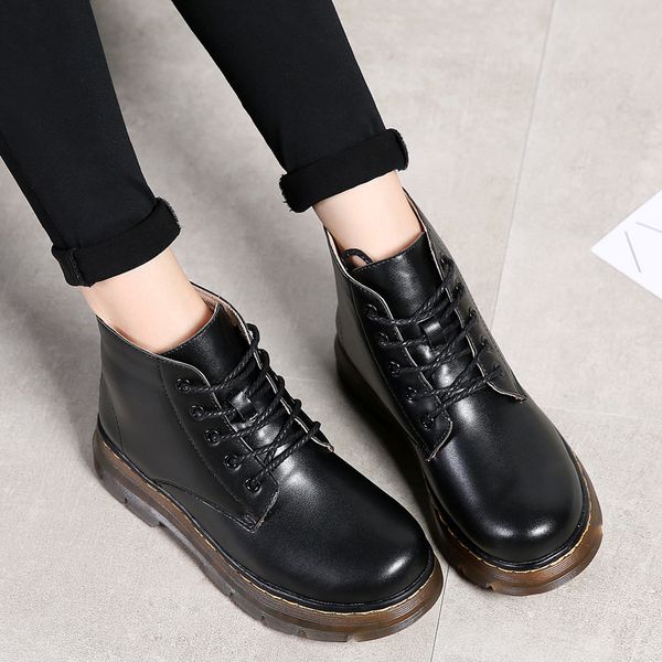 

plus velvet woboots chunky heel short martin boots casual leather boot british junior high school ju lady shoes -40, Black