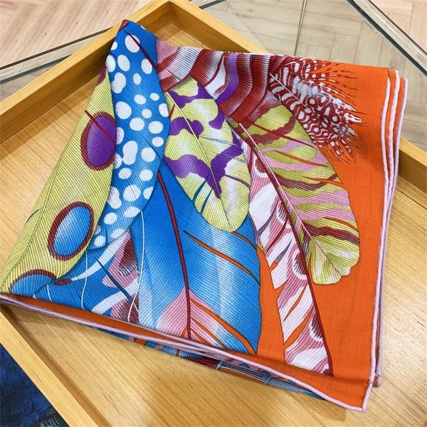 

colorful feather scarf women 30% silk 70% cashmere blended hand rolled edges 140*140cm shawl wrap 55''x55'' y201007, Blue;gray