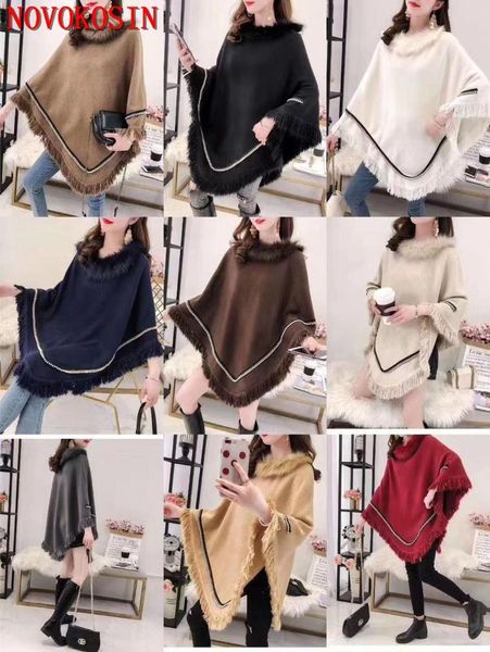 

scarves 10 color cloak 2021 fashion fur o neck pullover women loose capes winter printed beads triangle tassel poncho, Blue;gray