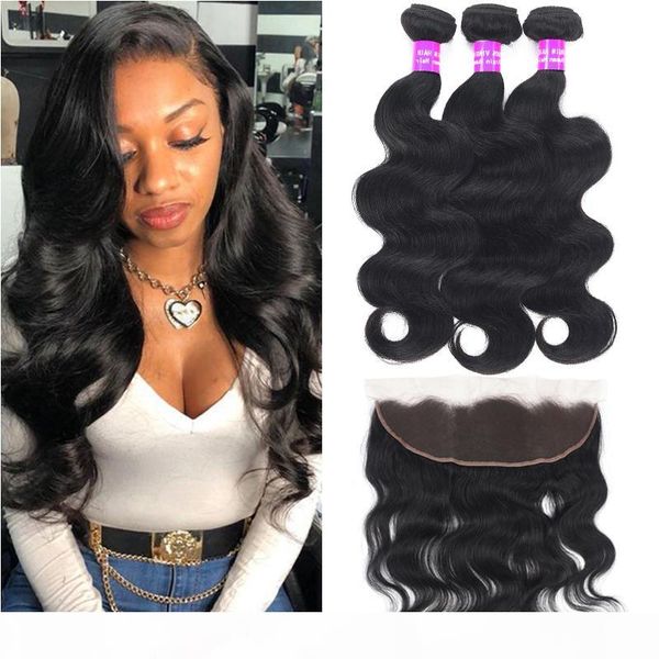 

9a brazilian virgin hair bundles with frontal unprocessed body deep loose wave human hair bundles with ear to ear 13x4 lace frontal closure, Black