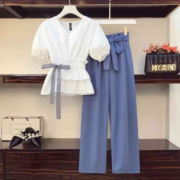 

plus size trousers suit womens summer korean version of loose tie casual high waist wide leg pants two-piece suit, White