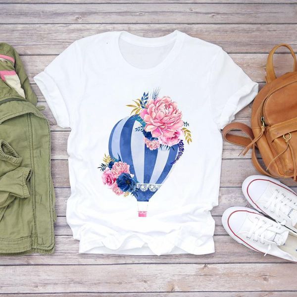 

womens t-shirts ladies balloon casual vacation fashion flower 90s floral women print ladies t graphic female tee t-shirt, White