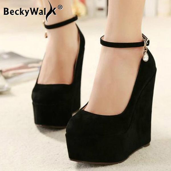 

flock wedges pumps large size female super high heels bride wedding shoes woman platform ankle strap party pumps women wsh25941, Black