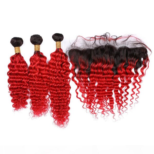 

#1b red ombre deep wave brazilian human hair weave bundles with frontal red ombre deep wavy 13x4 lace frontal closure with hair weaves, Black