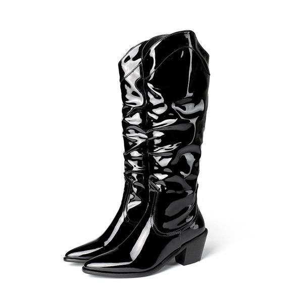 

lucyever женщины моды скольжению на патент кожаные сапоги toe остроконечные высокие каблуки обуви женщина осень зима черный колено высокие с, Black