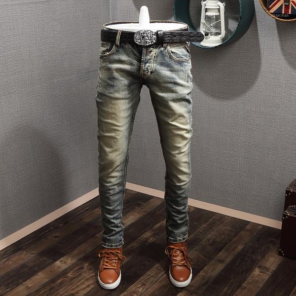 

italian vintage fashion men jeans retro yellow wash elastic slim fit designer jeans streetwear hip hop men1, Blue
