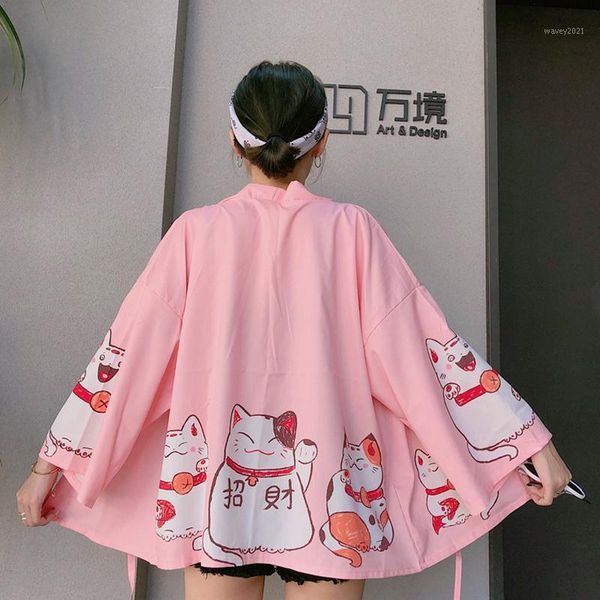 

women's jackets women's clothing japan streetwear harajuku coats loose sweet cats print thin hipster lace up cardigan kimono jacke, Black;brown