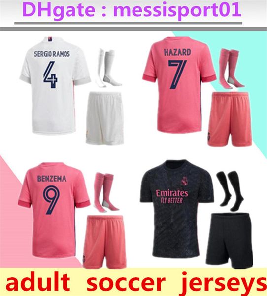 

20/21 real madrid soccer jerseys 2020/21 soccer jersey hazard sergio ramos benzema camiseta football shirts uniforms 2020 2021 men kit sets, Black