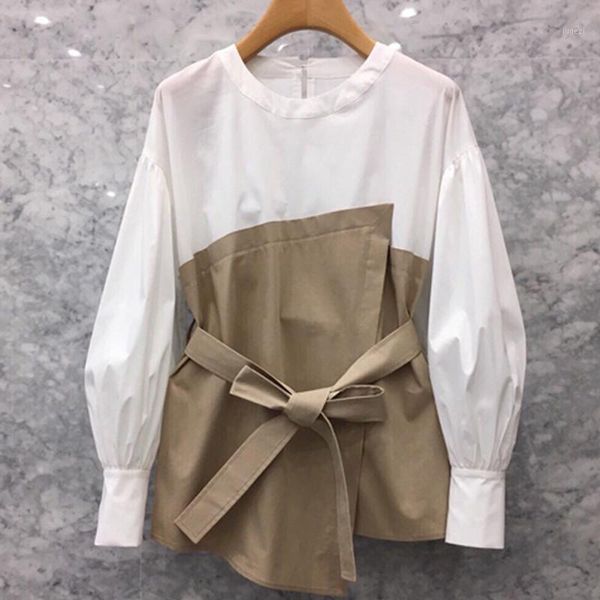 

ewq] patchwork female high tail up laters long arm forged two pieces set women's shirt korean fashion shirt qk54300xl1, White