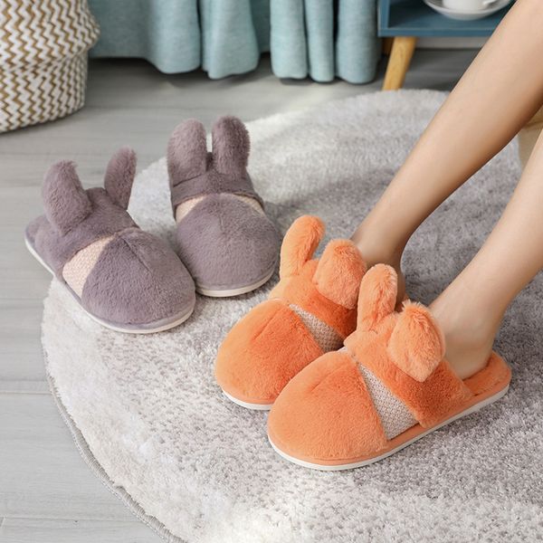 

sansom 2020 new home plush slippers soft warm faux rabbit fur women men slippers flat flatform slides female winter flip flops x1020, Black