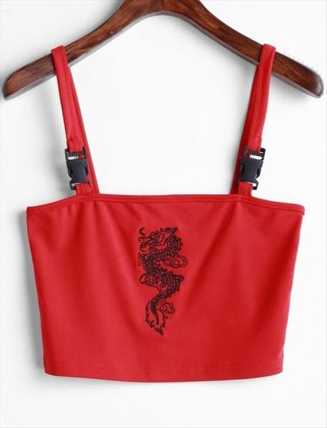 

fashion women summer buckle vest boob tube crop bralet sheer one dragon embroidery stylish cami tank top, White