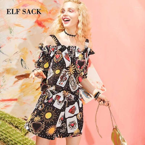 

elf sack women summer shorts set off shoulder printing pants women set loose beach wear crop sets female suit1, White