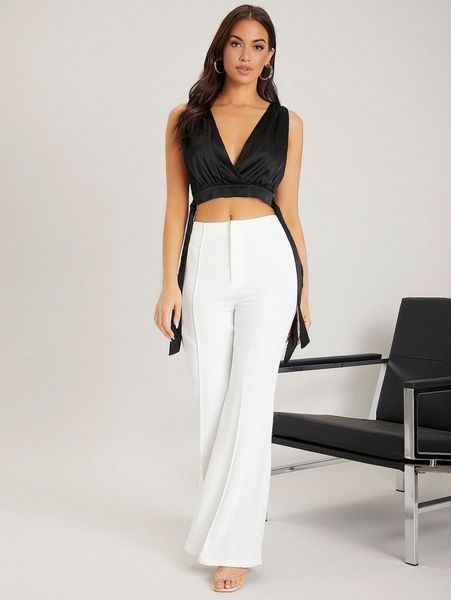 

solid zipper fly flare leg pants c4ii#, Black;white
