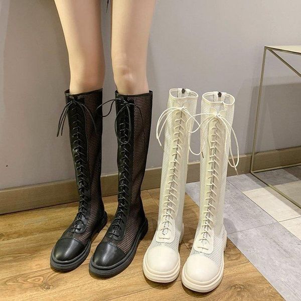 

round toe shoes boots women new 2020 summer booties low heels booties lace up sandals rock rubber ladies over-the-knee canvas, Black