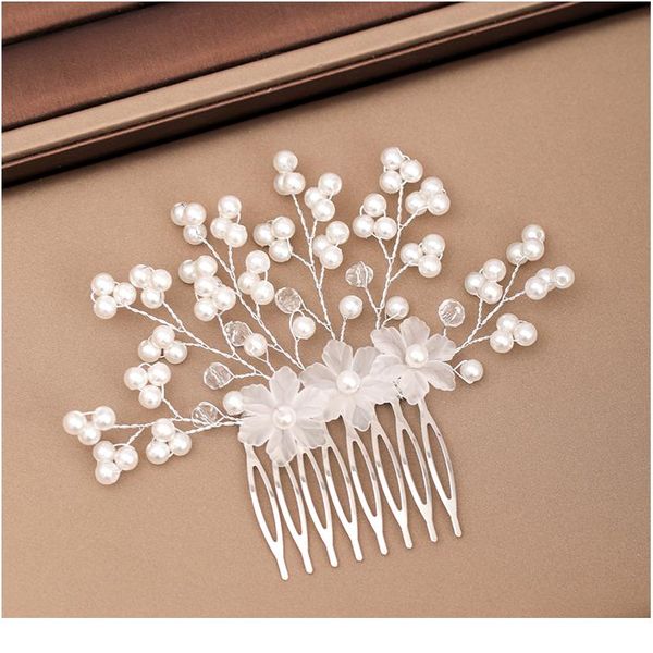 

удные свадебные аксессуары для волос женские волосы гребень pearl headdress невеста цветочная шпилька handmade prom headhdress hair ornam wm, Slivery;golden