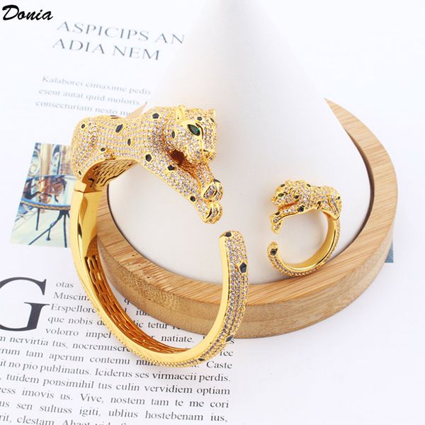 

donia jewelry exaggerated european and american fashion leopard animal micro-inlaid zircon open bracelet ring set designer bracelet ring set, Black