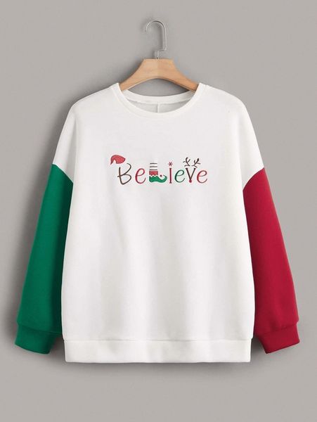 

plus christmas embroidery drop shoulder sweatshirt j1iq#, Black