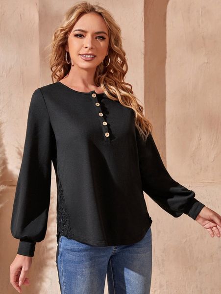 

emery rose solid button detail bishop sleeve pullover k7xw#, White;black