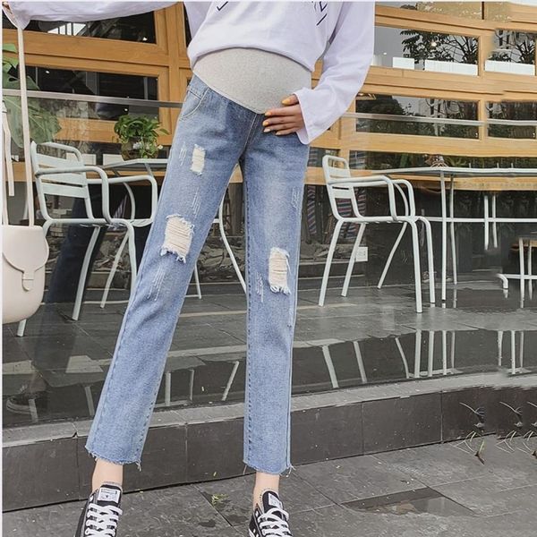 

broken straight denim outer wear maternity pants, Black;white