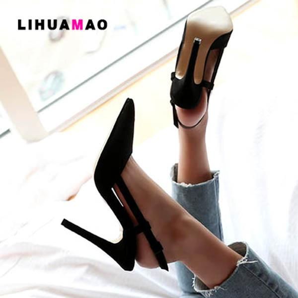 

lihuamao women shoes stiletto heels slingbacks ankle strap pointed toe ladies high heel shoes pumps party wedding, Black