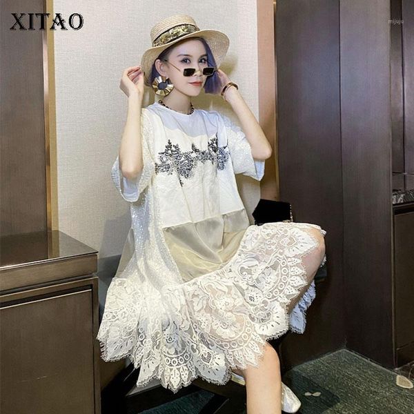 

xitao sequin patchwork lace dress women clothes 2020 summer new fashion loose casual pullover short sleeve dress zp10241, Black;gray