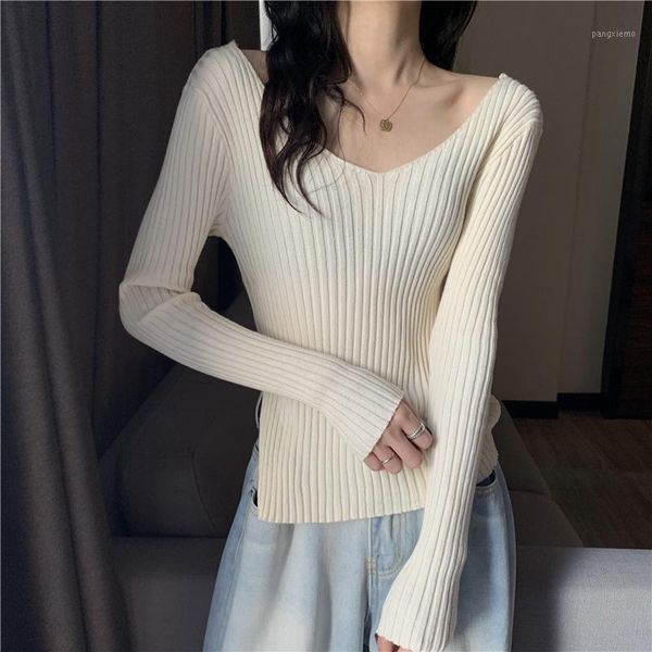 

hkcp casual sweater women fashion solid bottoming office lady v-neck long sleeve knitted pullovers spring/autumn 2020 new1, White;black