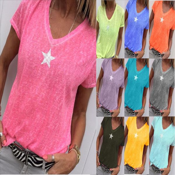 

t shirt women 2021 style female stars printing solid color summer leisure v neck t shirts dropshipping vestidos yff6255, White