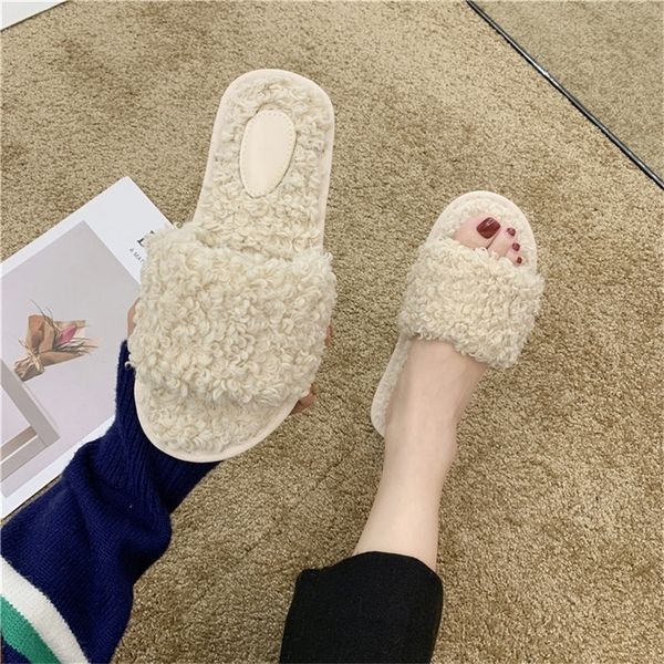 

cootelili winter fashion women home slippers faux fur warm shoes woman beige basic flats female fur 1.5cm heel plus size 36-45 y201026, Black