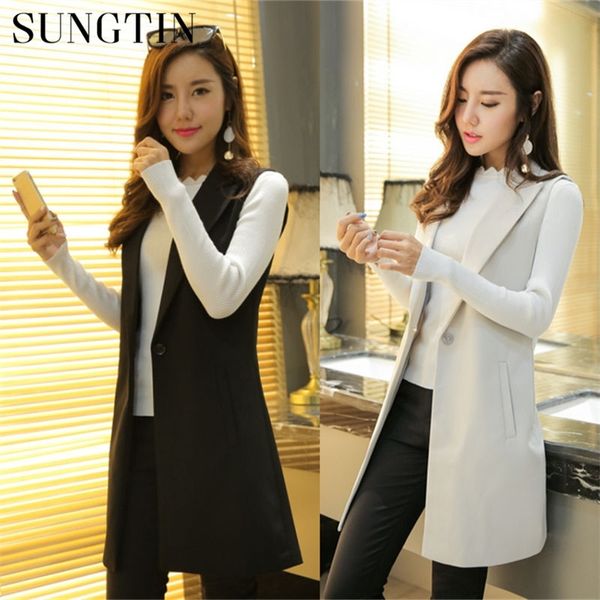 

sungtin classic women long blazer vest elegant office lady coat female waistcoat causal suits sleeveless jacket plus size 201028, Black;white