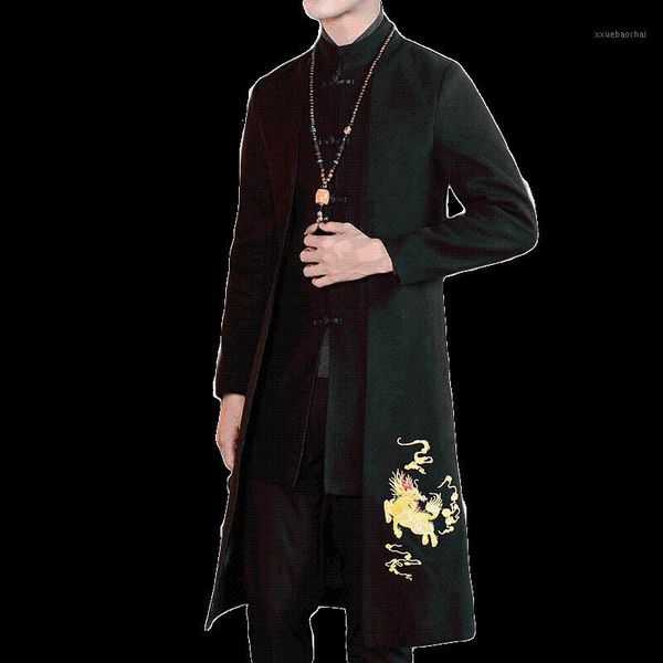 

long jacket men new winter embroidery long coat men chinese style overcoat man 5xl large size1, Tan;black