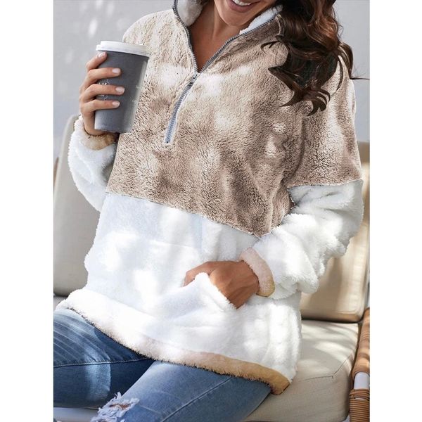 

2021 new women's pullovers casual winter fur coat women clothes zipper patchwork sweatshirt female pullover warm loose pockets jacket f, Black;brown