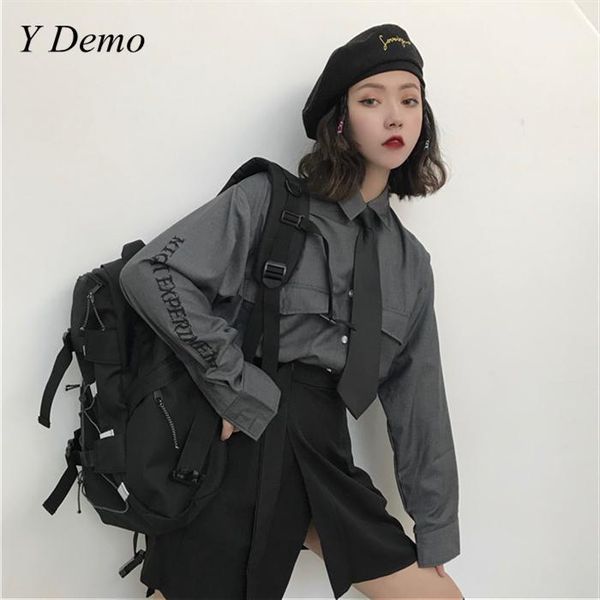 

harajuku woman letters printing shirt long sleeve loose necktie female blouse school girl1, White