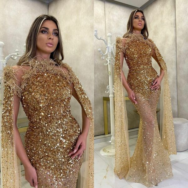 Luxuoso ouro lantejoulas vestidos de noite 2021 mangas compridas Árabe Dubai Sparkly vestidos de baile artesanal tapete vermelho ocasião especial vestido