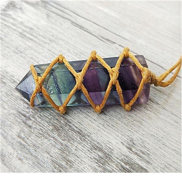

fluorite necklace natural stone rainbow chakra pendant natural quartz hexagonal pendulum column reiki healing jew jllsar, Black